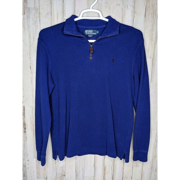 Polo Ralph Lauren Pullover‎ Mens Medium BLUE 1/4 Zipper Sweater Shirt Pony Logo - Picture 1 of 9
